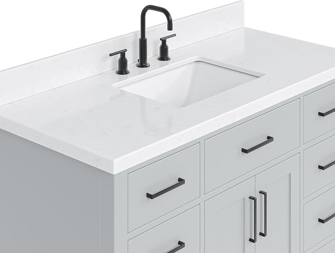 DKB Isabella 48-Inch Bathroom Vanity with Sink — Grey Single Sink Bathroom Vanity, 1.5" Edge Carrara Quartz Countertop, Solid Wood, 2 Soft-Close Doors, 8 Dovetail Drawers + Tilt Drawer