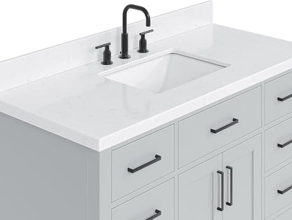 DKB Isabella 48-Inch Bathroom Vanity with Sink — Grey Single Sink Bathroom Vanity, 1.5" Edge Carrara Quartz Countertop, Solid Wood, 2 Soft-Close Doors, 8 Dovetail Drawers + Tilt Drawer
