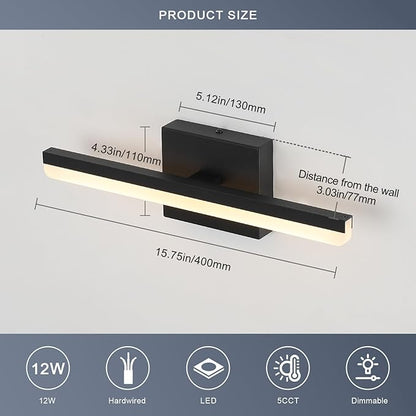 LED Modern Bathroom Vanity Light Fixtures Dimmable 5CCT 12W Lights Over Mirror Black Wall Light Bar for Bathroom 15.7 inch ETL Certificated