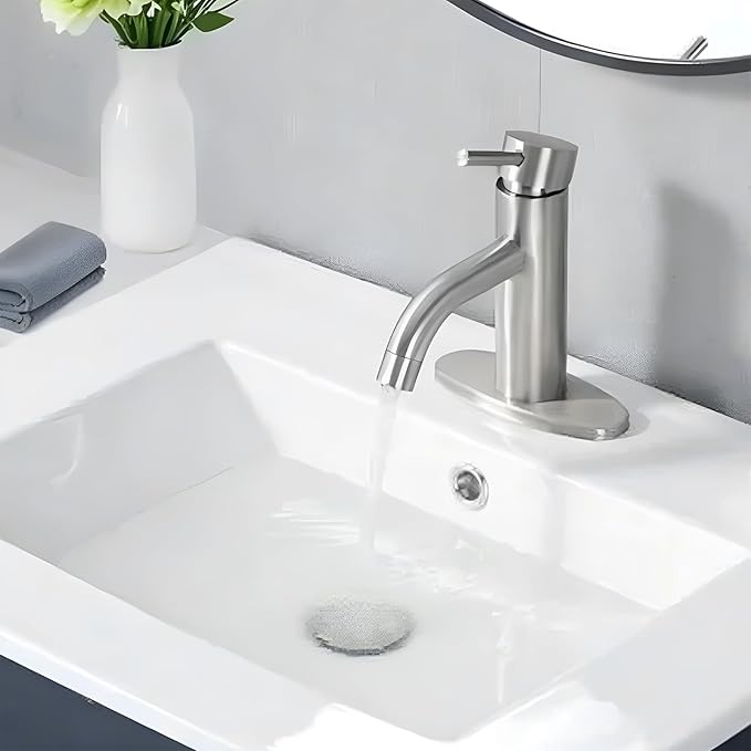 HOTIS Brushed Nickel Bathroom Faucet, Single Hole Bath Sink Faucet with Pop-up Drain, Suitable for 1 or 3 Hole Installation, Single Handle for Bathroom Sink, RV and Vanity, HT-HJ-052L-D