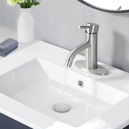HOTIS Brushed Nickel Bathroom Faucet, Single Hole Bath Sink Faucet with Pop-up Drain, Suitable for 1 or 3 Hole Installation, Single Handle for Bathroom Sink, RV and Vanity, HT-HJ-052L-D