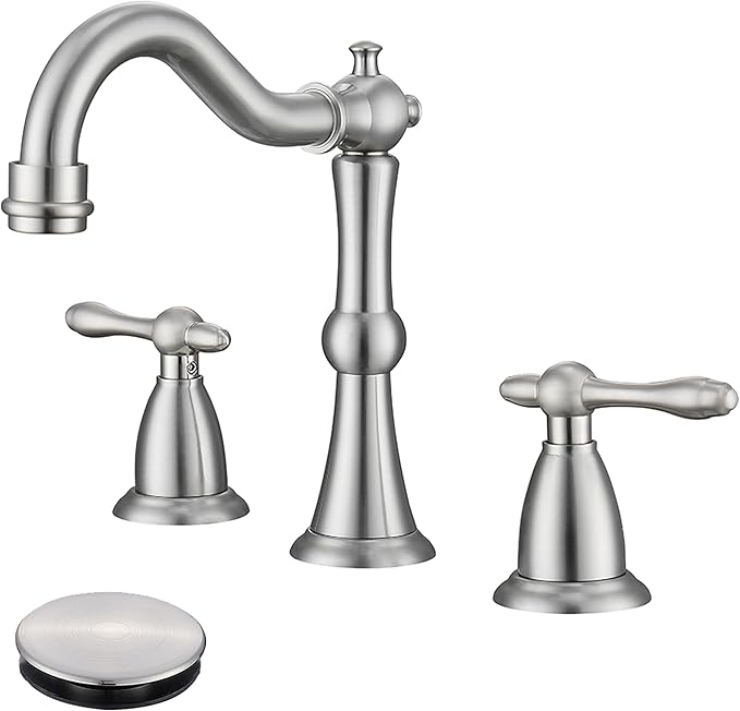 Brushed Nickel 3 Hole Bathroom Faucet, Widespread Antique Bathroom Sink Faucet with Pop Up Drain and cUPC Supply Hose, Modern 2 Handle Modern Brushed Sink Faucet Bathroom JXM3073BN