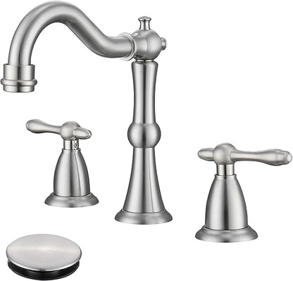Brushed Nickel 3 Hole Bathroom Faucet, Widespread Antique Bathroom Sink Faucet with Pop Up Drain and cUPC Supply Hose, Modern 2 Handle Modern Brushed Sink Faucet Bathroom JXM3073BN