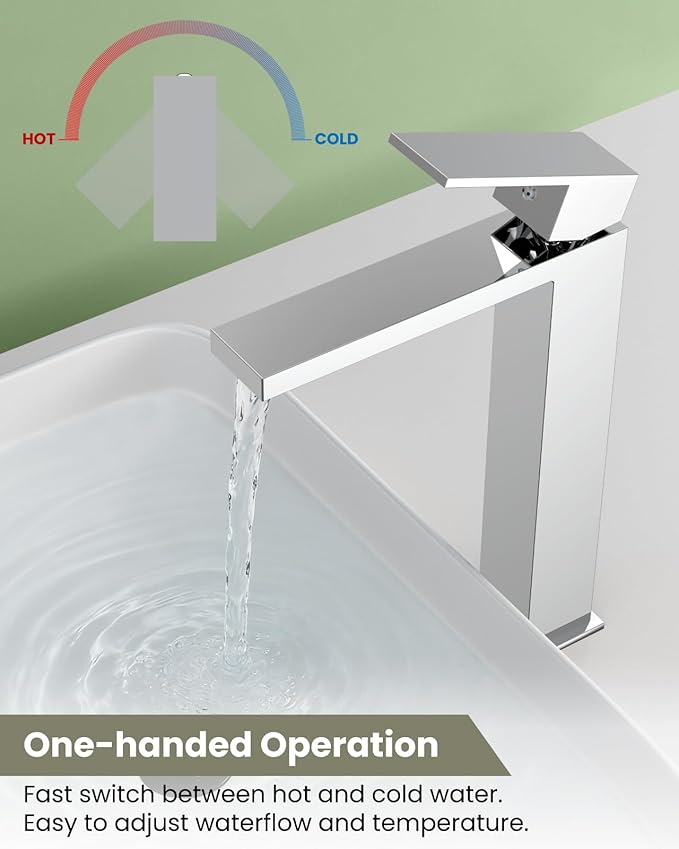 gotonovo Vessel Sink Faucet Single Handle Tall Bathroom Faucet One Hole Modern Lavatory Vanity Basin Mixer Tap Matching Supply Hoses and Pop up Drain Without Overflow, Polish Chrome