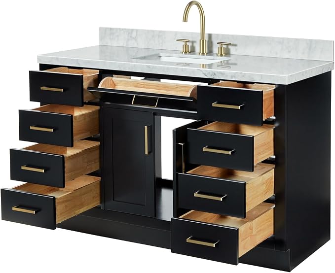 DKB Isabella 54-Inch Black Bathroom Vanity with Sink, 1.5-Inch Carrara White Marble Countertop, 4" Backsplash, Rectangle Sink, Soft-Close Solid Wood Cabinet, Premium Hardware