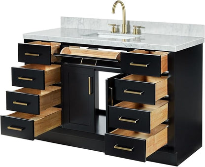 DKB Isabella 54-Inch Black Bathroom Vanity with Sink, 1.5-Inch Carrara White Marble Countertop, 4" Backsplash, Rectangle Sink, Soft-Close Solid Wood Cabinet, Premium Hardware
