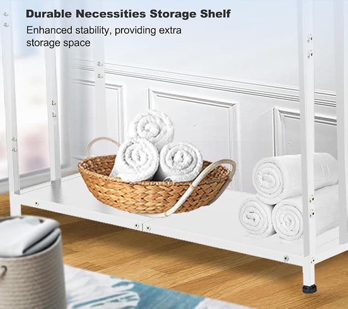 Extra Large Free Standing Towel Rack, White | 3 Tiers Heavy Duty Blanket Drying Stand Holder with Metal Storage Shelf & 6 Hooks for Bathroom, Pool, Bedroom, Living Room