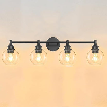 Bathroom Light Fixtures, 4-Light Matte Black Vanity Light Globe Glass Shades, Bathroom Lighting Fixtures Over Mirror, Wall Sconces for Master Bathroom, Guest Bathroom, Powder Room, 28-inch