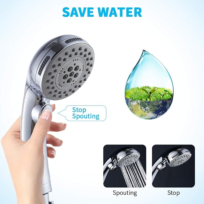 High Pressure Shower Head with Handheld Spray 6 Settings Chrome | Hand Held Shower head with On Off Switch, Spa Spray Mode, 60inches Hose