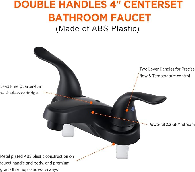 Bathroom Sink Faucets 2/3 Hole,Matte Black Dual Handles 4 inch Plastic Plating Over Bathroom Faucet with Pop-up Drain and 2 Supply Hoses for Apartment Rvs Sink Vanity