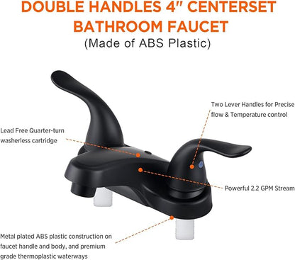 Bathroom Sink Faucets 2/3 Hole,Matte Black Dual Handles 4 inch Plastic Plating Over Bathroom Faucet with Pop-up Drain and 2 Supply Hoses for Apartment Rvs Sink Vanity