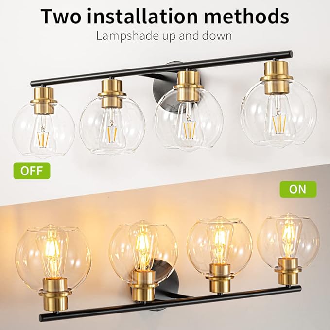 Bathroom Light Fixtures Over Mirror 4-Lights Bathroom Vanity Light with Clear Glass Shade 29.5 inch Modern Wall Sconce Black and Gold Vanity Lighting for Bath