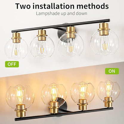 Bathroom Light Fixtures Over Mirror 4-Lights Bathroom Vanity Light with Clear Glass Shade 29.5 inch Modern Wall Sconce Black and Gold Vanity Lighting for Bath