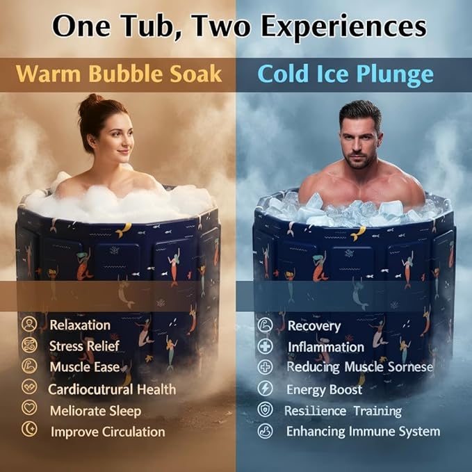 Portable Bathtub for Adult, Foldable Soaking Bathtub for Hot SPA&Ice Bath, Foldable Small Bathtub collapsible bathtub for Bathing, 6-layer Insulated portable tub,Space-saving (Blue Fish 25.9X27.5IN)