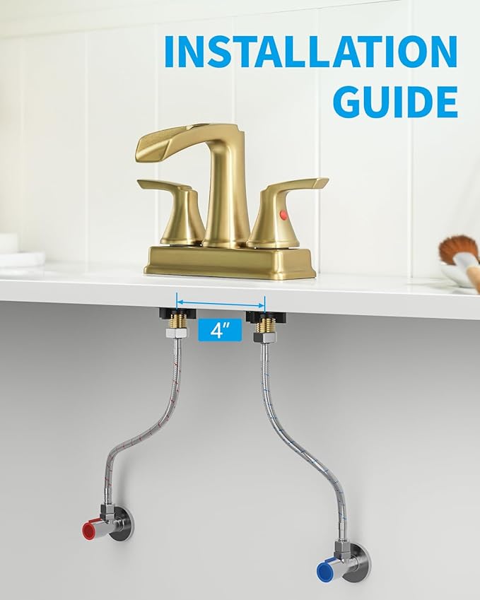 Fapully Bathroom Faucet, Waterfall Bathroom Sink Faucet Widespread, 4 Inch Centerset Brushed Gold Faucet for Bathroom Sink with Pop-up Drain