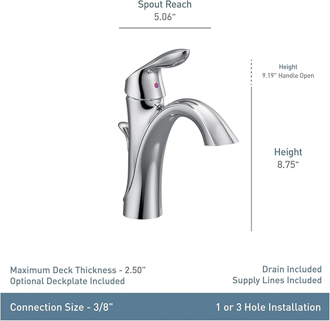 Moen Oil-Rubbed Bronze Single Hole Bathroom Sink Faucet Trim Kit with Deck Plate and Water Drain, Ideal for Bath Vanity Sinks, 6400ORB