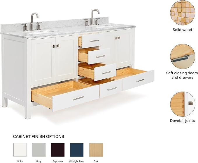 ARIEL Cambridge 72-inch Bathroom Vanity with Sink,Solid Wood, 0.75-inch Italian Carrara Marble Countertop, Double Rectangular Porcelain Sink, 4 Soft Closing Doors, 6 Dovetail Drawers, White