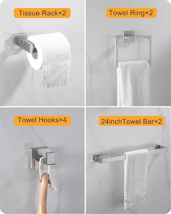 10-Piece Square Bathroom Hardware Set with 24" Towel Bar x2, Toilet Paper Holder x2, Towel Hook x4, Towel Ring x2, Wall Mounted Stainless Steel Bathroom Accessories for Modern Bathroom Decor