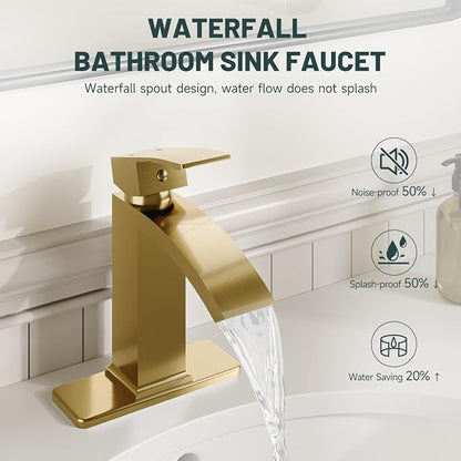 Brushed Gold Waterfall Bathroom Faucet for 1 or 3 Holes, Brass | Single Handle Bathroom Sink Faucets for Lavatory Commercial Vanity, Basin Taps with Deck Plate, Pop Up Drain and Supply Line