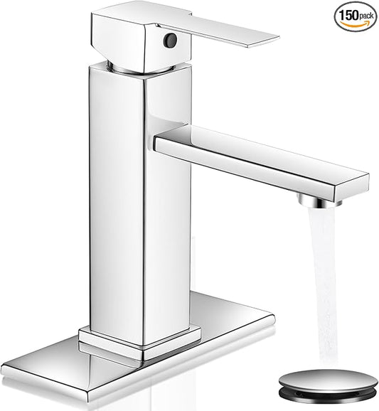 Chrome Bathroom Faucet YXOCVIR Single Hole with Pop-Up Bathroom Drain Single Handle Bathroom Faucet Suitable for Vanity Sinks, RV, Farmhouses, Suitable for 1 or 3-Hole Installation
