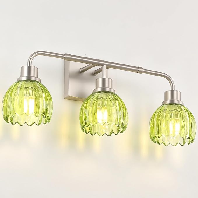 Ralbay Vintage Vanity Lights Bathroom Light Fixture Over Mirror for Bath Brushed Nickel Modern Wall Sconces with Green Crystal Glass Shade for Bedroom,Living Room,Hallway(3-Light)