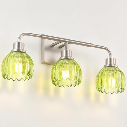 Ralbay Vintage Vanity Lights Bathroom Light Fixture Over Mirror for Bath Brushed Nickel Modern Wall Sconces with Green Crystal Glass Shade for Bedroom,Living Room,Hallway(3-Light)