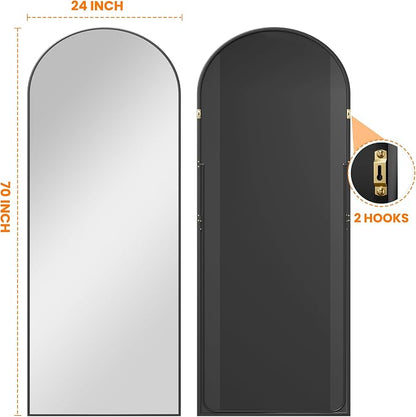 Arched Full Length Mirror, 70"x24" Standing Body Mirror for Wall, Black | Built-in Stand, HD Shatterproof Glass, Aluminum Alloy Frame, Hanging or Standing, for Bedroom, Living Room & Dressing Room
