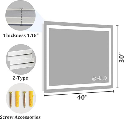 Koonmi 40x30 LED Bathroom Mirror, Shatterproof Mirror with Light | 90CRI Vanity Mirror with Anti-fog Backlit + Front Lit, 3 Color, Easy Install for Bathroom Hotel (IP65)