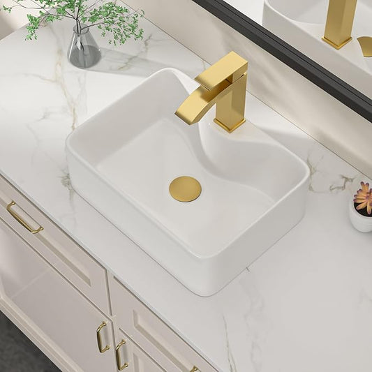 Dcolora 16 in. White Vessel Sink, Rectangular Porcelain Ceramic Above Counter Sink, Small Bathroom Sink with Gold Accessories,12"D x 16"W x 5"H #DC-SFDOE00084