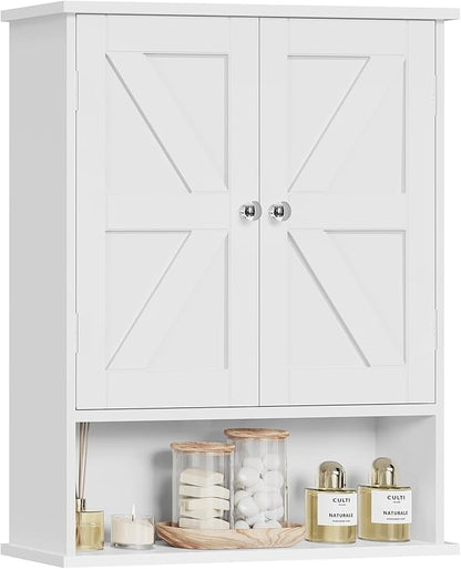 TEENFON Bathroom Wall Cabinet, Over The Toilet Space Saver Storage with Barn Doors & Adjustable Shelf, Hanging Medicine Cabinet, White 7.1" D x 15.4" W x 19.3" H