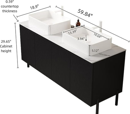Ambrovina 60" Bathroom Vanity with Double Sink, Freestanding Bathroom Storage Cabinet with 4 Soft-Closing Doors, 2 White Round Ceramic Basins and Carrara White Sintered Stone Countertop, White