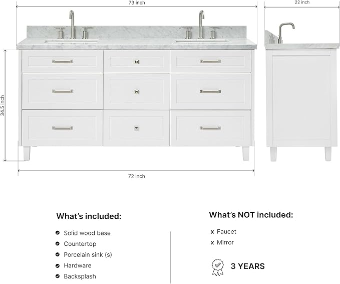 ARIEL Monroe 72-inch Bathroom Vanity with Sink,Solid Wood, 1.5-inch Italian Carrara Marble Countertop & Backsplash, Double Oval Porcelain Sink, 9 Dovetail Drawers, Brushed Nickel, White