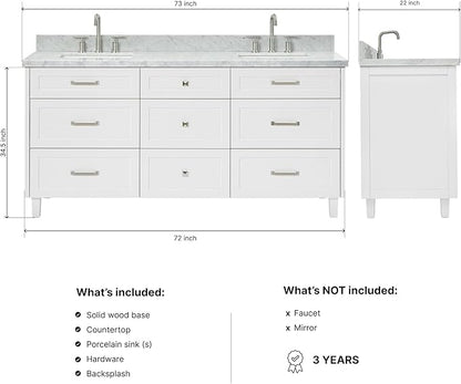 ARIEL Monroe 72-inch Bathroom Vanity with Sink,Solid Wood, 1.5-inch Italian Carrara Marble Countertop & Backsplash, Double Oval Porcelain Sink, 9 Dovetail Drawers, Brushed Nickel, White