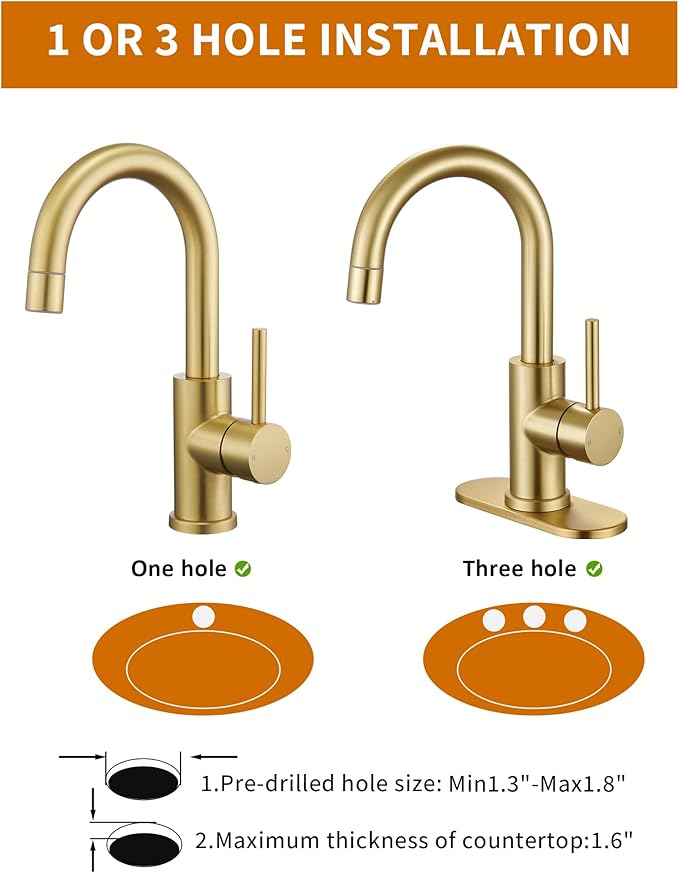 Tohlar Gold Bathroom Faucet, Brushed Gold Wet Bar/Pre-Kitchen Faucet for Sink 1 or 3 Hole, Bathroom Sink Faucet with Deck Plate and Sprayer, Single Handle Bar Sink Faucet with Pop Up Drain