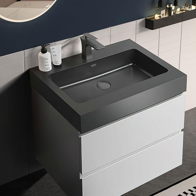 24" Floating Bathroom Vanity with Black Sink, Modern Bathroom Cabinet with Top and Soft Close Drawers, Spacious Storage for Small Space, White - Lavanda Collection