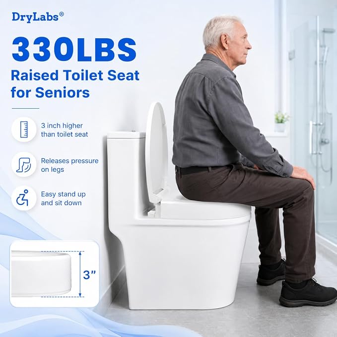 Raised Toilet Seat with Bidet for Seniors, 3" Height, Heavy Duty Slow Close Elevated Toilet Seat with Never Loosen Hinges, Fits Most Elongated Toilets, No Electric Cold Water Only (Elongated 18.5'')