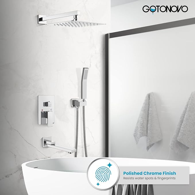 gotonovo Tub Shower Faucet Set with Valve Kit 12’’ Head,Polished Chrome | Shower System with Tub Spout,SUS304 Rain Head with Handheld Sprayer,Swivel Spout,All Metal,Rough-In Valve Trim Kit,Wall Mount