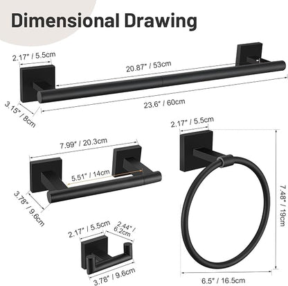 Matte Black Bathroom Hardware Set, 5-Piece Bath Towel Bar Set with 23.6” Towel Bar, Towel Ring, Toilet Paper Holder, Two Hooks, SUS304 Towel Racks for Bathroom Wall Mounted