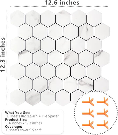 STICKGOO Peel and Stick Backsplash for Kitchen, Self-Adhesive Tile Hexagon Mosaic Tiles (10 Sheets, White Marble )