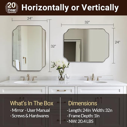 Chrome Bathroom Mirror, 24x32 Inch Polished Chrome Rectangle Mirror, Scalloped Bathroom Mirror with Stainless Steel Metal Frame, Thin Frame Deep 1’’