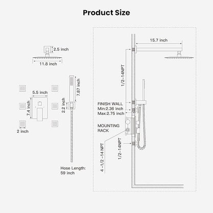 gotonovo Rainfall Shower System with Full Body Jets 6pcs Brushed Nickel | 12’’ Rainfall Shower Head with Handheld Spray Combo,Wall Mount,Rough-in Valve and Trim Kit,Brass Body Message Jets,All Metal