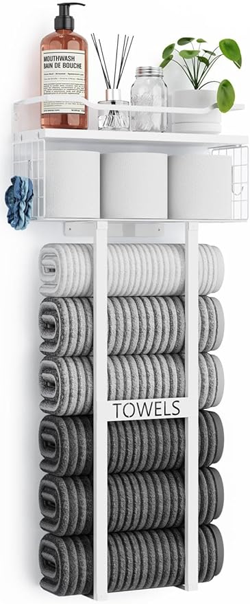 Aetyord Towel Racks for Bathroom 31inch Wall Mounted Towel Rack,Floating Shelf with Wood Plank,Towel Storage for Bathroom Can Holds 6 Large Rolled Towels,All White