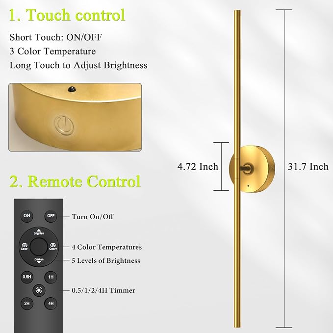 Battery Operated Wall Sconce Set of Two: Gold Wireless Rechargeable Wall Light with 10000mAh Detachable Battery and Remote, 360° Rotatable Scone Wall Decor for Bedroom Hallway Bathroom, 31.5inch