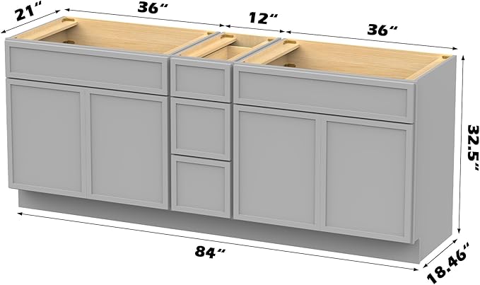 HomeBeyond 84 Inches Bathroom Vanity Base Cabinet Without Sink, Double Sink Top Sturdy Floor Mounted Cabinet with Door & Soft Closing Drawers, Grey, VA4136-2+VA4112-3