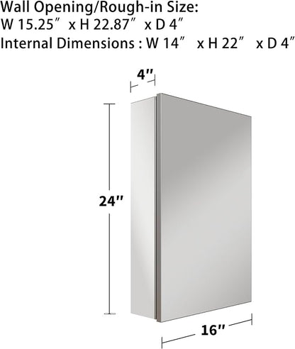 16x24 Inch Recessed Medicine Cabinet with Mirror, Aluminum Medicine Cabinet Mirror, Recessed or Surface Mount with 2 Adjustable Shelves Storage Organizer, Pre-Assembled Door, Soft-Closed System
