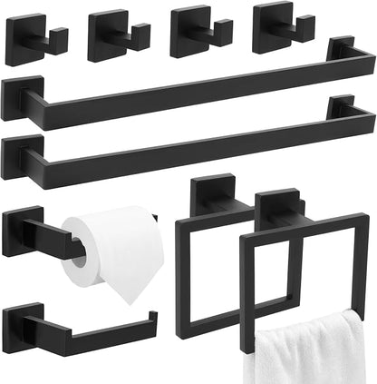 10 Pcs Matte Black Bathroom Hardware Accessories Set 23.6 Inch Wall Mounted | Bath Towel Bar Kit with Square Towel Racks Ring and Towel Hooks, Paper Holder, 304 Stainless Steel