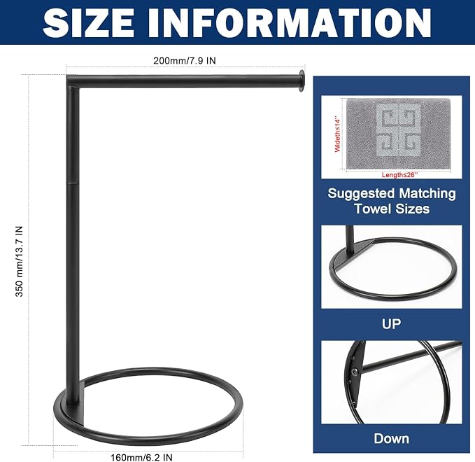 NearMoon Hand Towel Holder Stand, Thicken Metal L Shape Hand Towel Rack, Small Towel Ring, Stable Standing Towel Bar for Bathroom Kitchen Vanity Countertop, 8” L 14” H (Matte Black, 2 Pack)