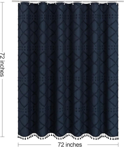 Boho Navy Blue Woven Fabric Shower Curtain with Tassel 72 x 72 Modern Farmhouse Minimalist, Bohemia Tufted Chevron Striped Chic Textured, Blue Waterproof Curtain for Bathroom, Hotel Decor