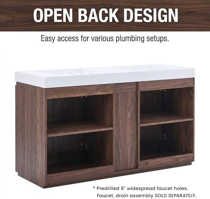 60" Double Bathroom Vanity with Sink (8" Widespread Faucet Holes Predrilled), Mid Century Modern Bathroom Cabinet with 4 Doors & Shelves, White Integrated Sink with Overflow, Walnut