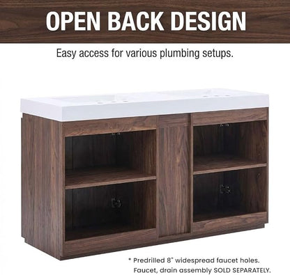 60" Double Bathroom Vanity with Sink (8" Widespread Faucet Holes Predrilled), Mid Century Modern Bathroom Cabinet with 4 Doors & Shelves, White Integrated Sink with Overflow, Walnut